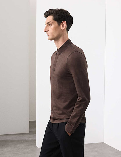 Long Sleeve Polo Shirt Embossed Texture Made Off 100% Cotton