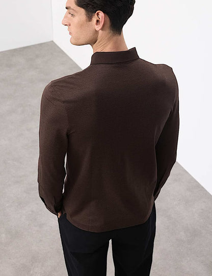 Long Sleeve Polo Shirt Embossed Texture Made Off 100% Cotton