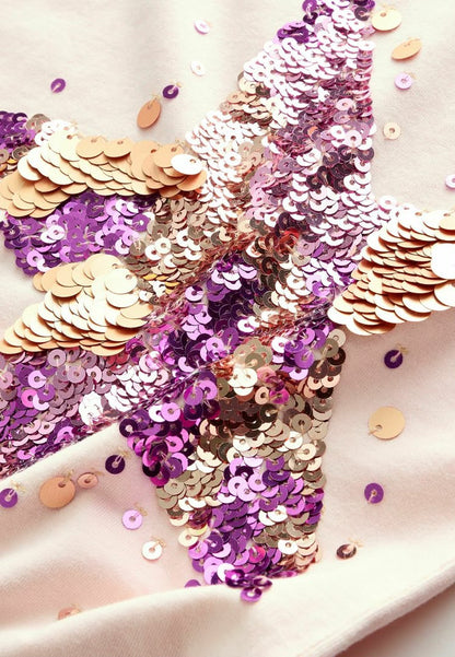 Pink Gold Sequin Star Print T-Shirt