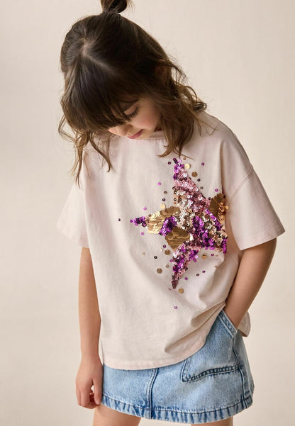 Pink Gold Sequin Star Print T-Shirt