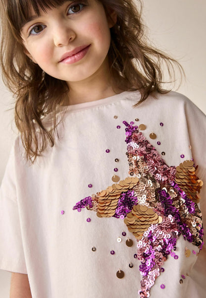 Pink Gold Sequin Star Print T-Shirt