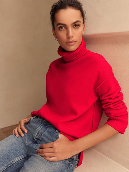 Cherry Red 100% Merino Wool Roll Neck Jumper