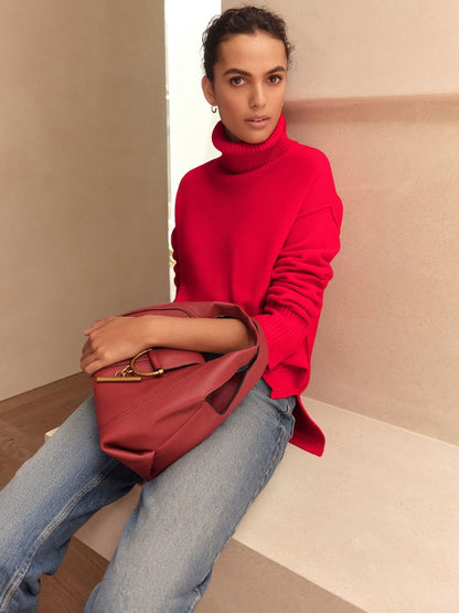 Cherry Red 100% Merino Wool Roll Neck Jumper