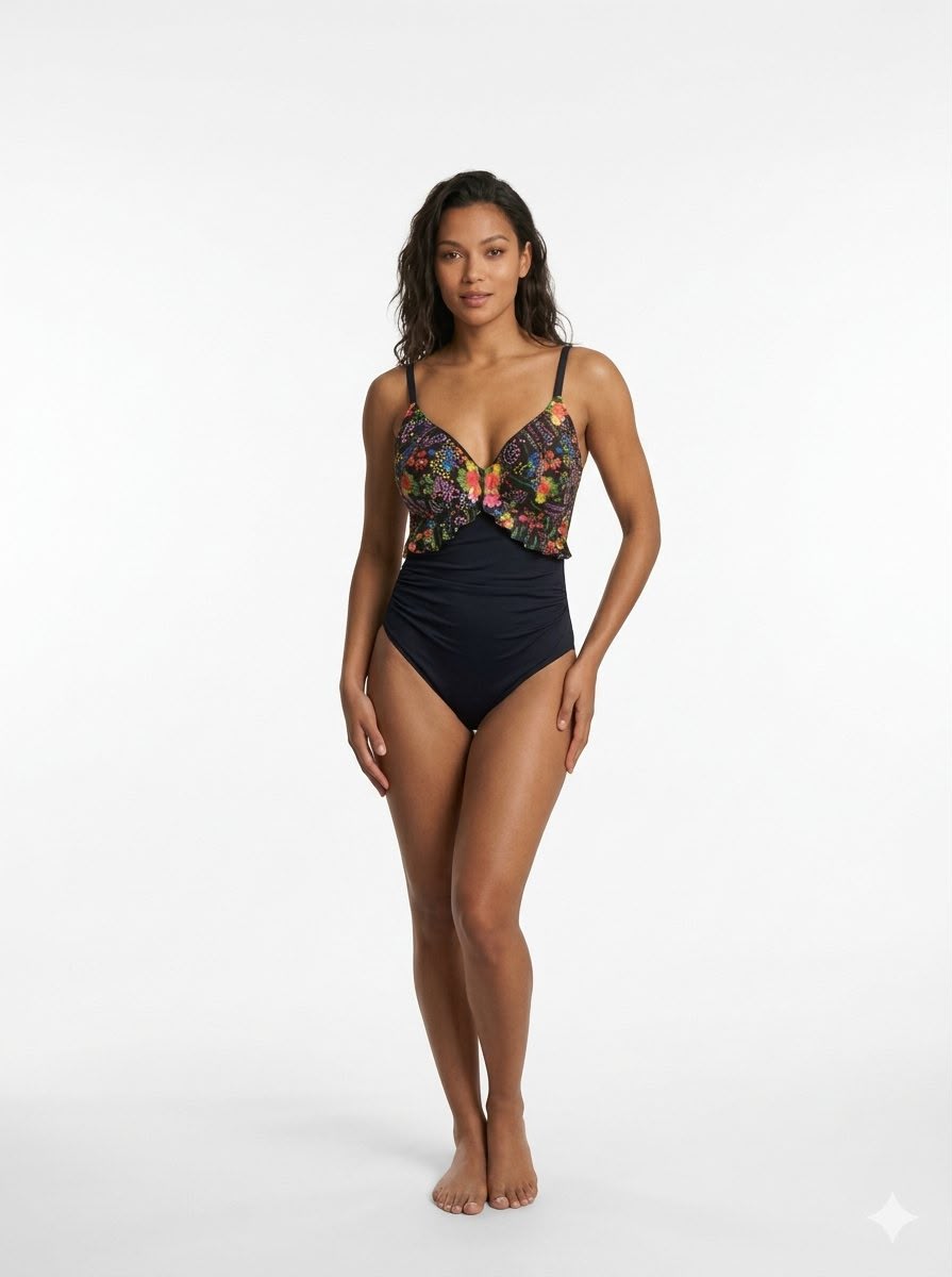 Ruffle Floral Panel Tummy Control Swimsuit Black