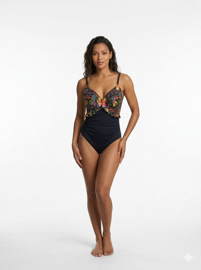 Ruffle Floral Panel Tummy Control Swimsuit Black