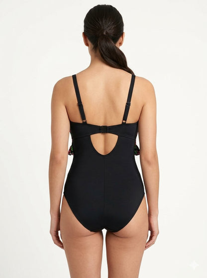 Ruffle Floral Panel Tummy Control Swimsuit Black