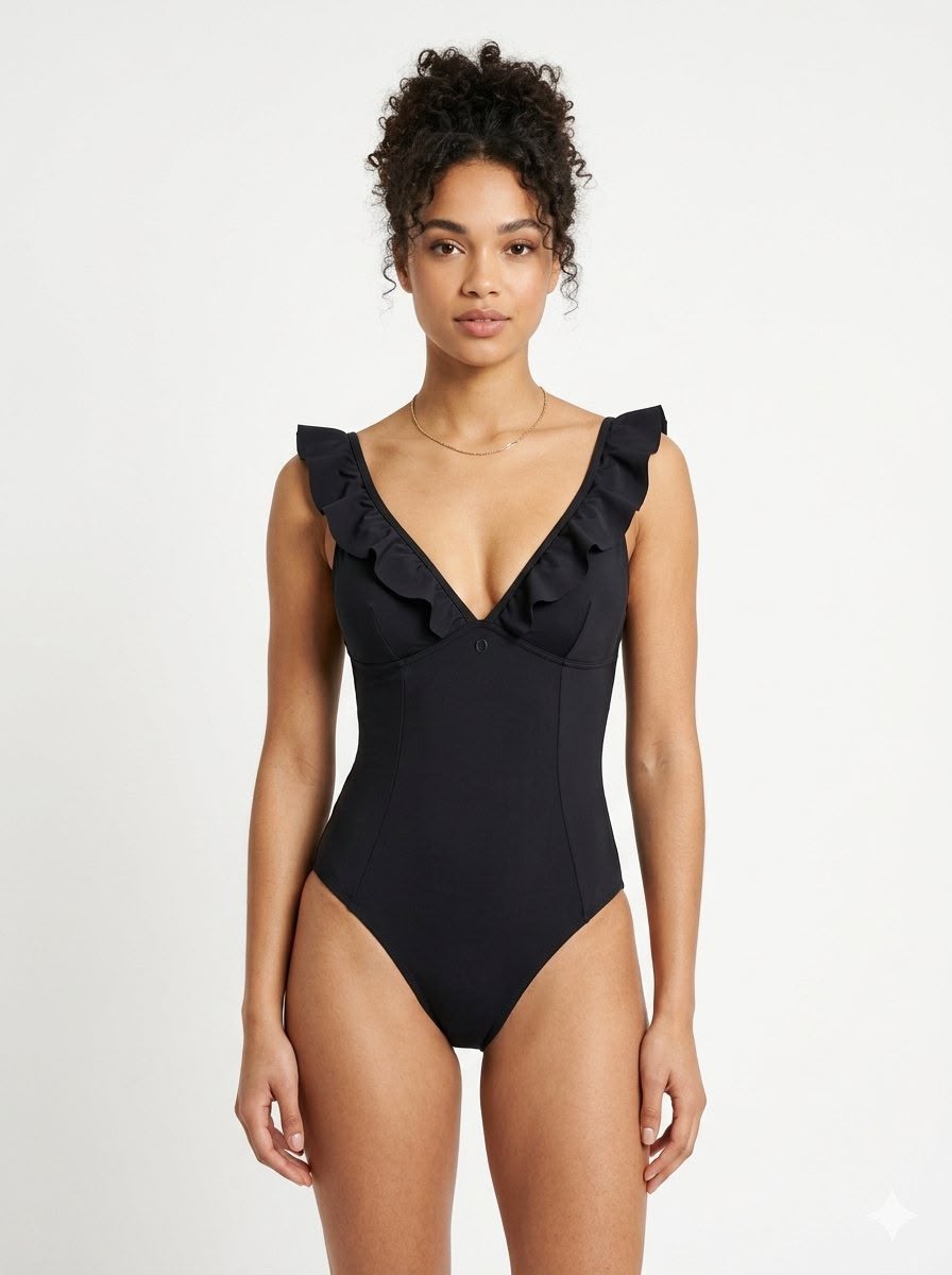 Exaggerated Ruffle Swimsuit Black