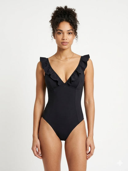 Exaggerated Ruffle Swimsuit Black