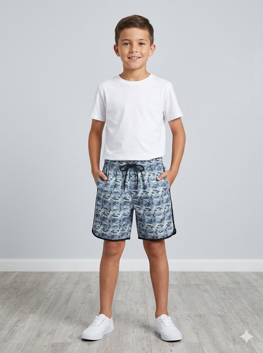 Boys Blue Camo Print Drawstring Short