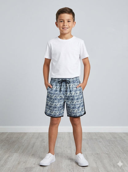 Boys Blue Camo Print Drawstring Short
