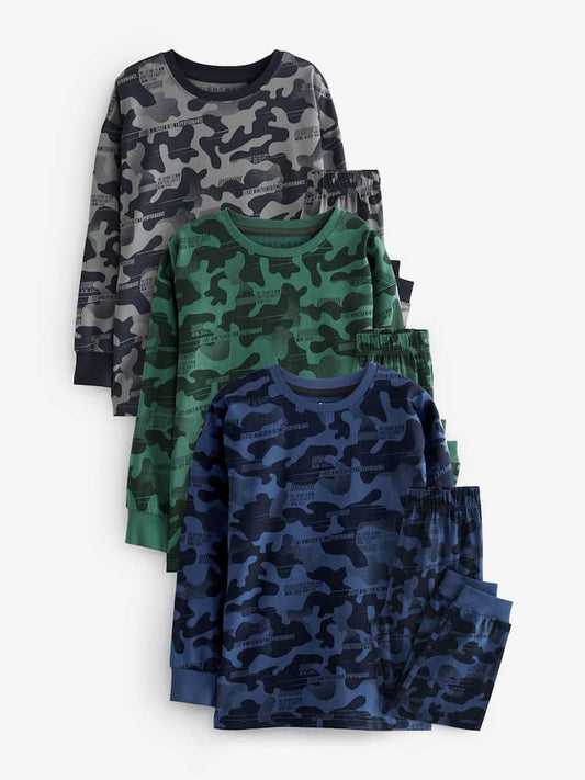 Grey/Blue/Green Camouflage Long Sleeve Pyjamas 3 Packs