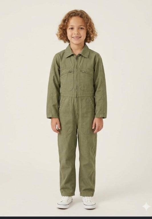 Kids Olive Khaki Twill Boilersuit