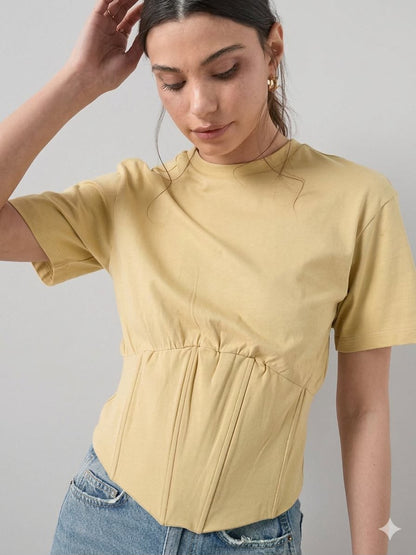 Corset Waist Cropped T-shirt Yellow