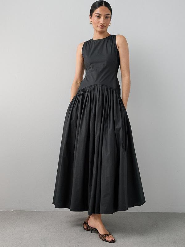 Shirred Panel Racer Volume Hem Midaxi Dress Black
