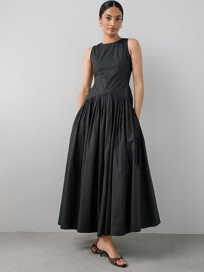 Shirred Panel Racer Volume Hem Midaxi Dress Black