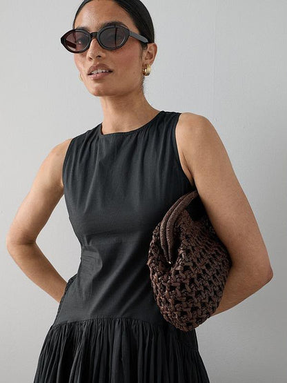 Shirred Panel Racer Volume Hem Midaxi Dress Black