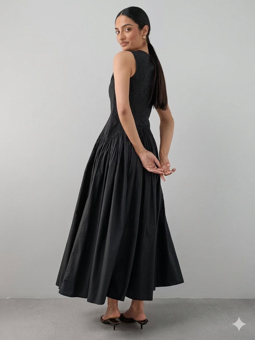 Shirred Panel Racer Volume Hem Midaxi Dress Black