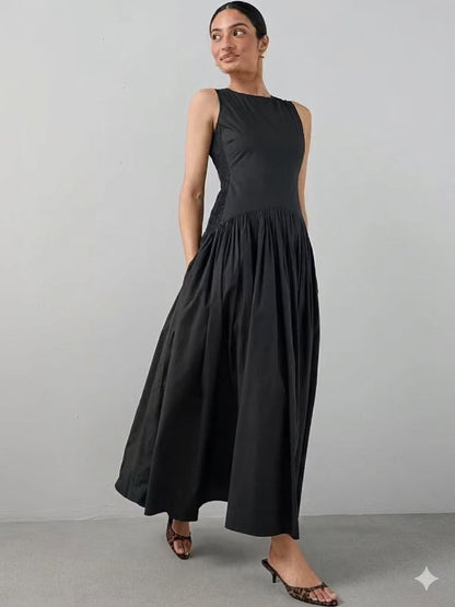 Shirred Panel Racer Volume Hem Midaxi Dress Black