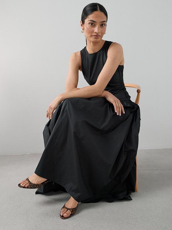 Shirred Panel Racer Volume Hem Midaxi Dress Black