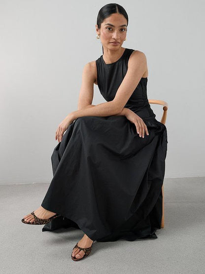 Shirred Panel Racer Volume Hem Midaxi Dress Black