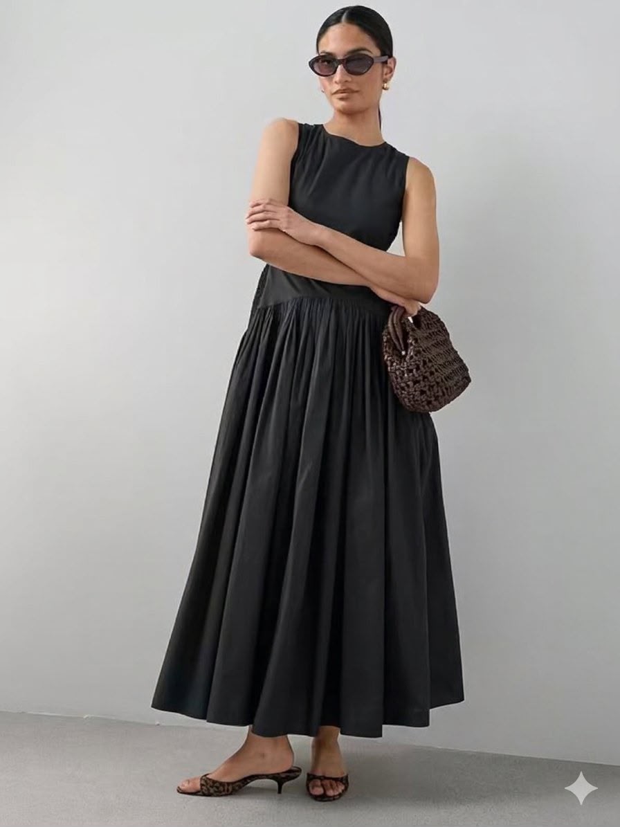 Shirred Panel Racer Volume Hem Midaxi Dress Black
