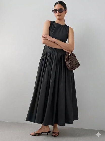 Shirred Panel Racer Volume Hem Midaxi Dress Black