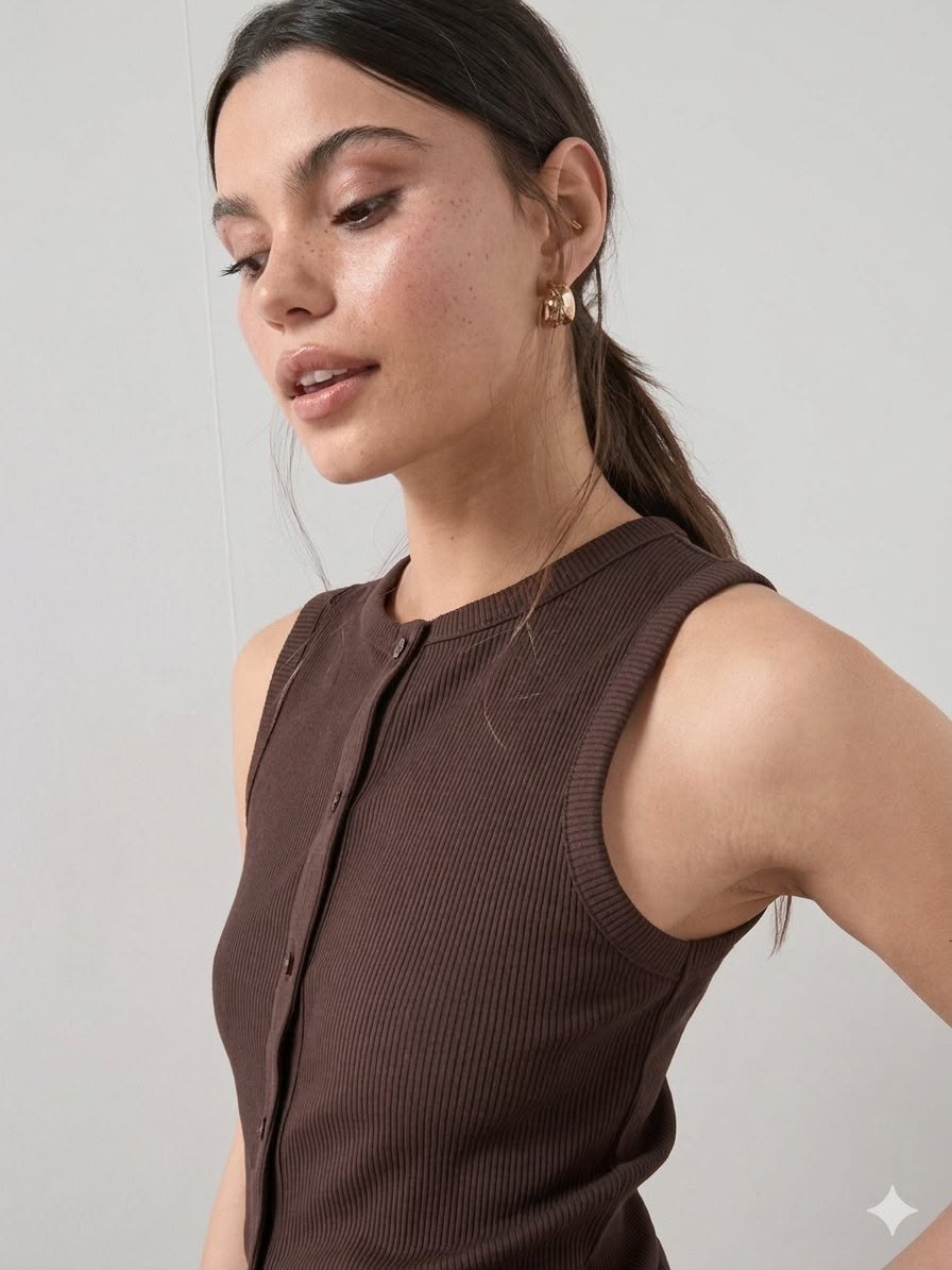 Button Through Ribbed Vest Brown