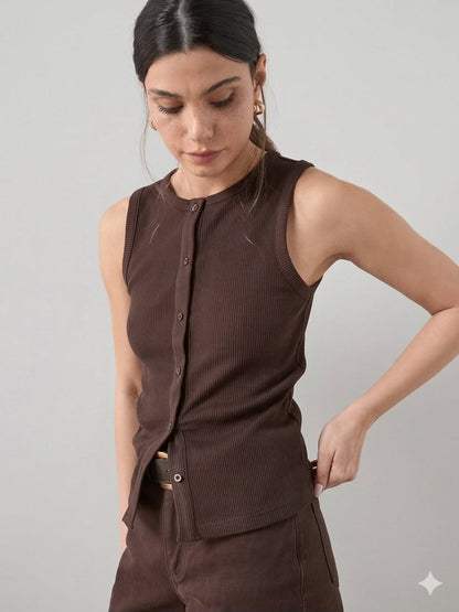 Button Through Ribbed Vest Brown