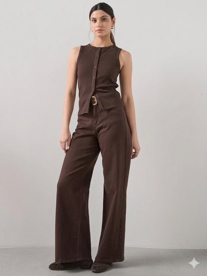 Button Through Ribbed Vest Brown