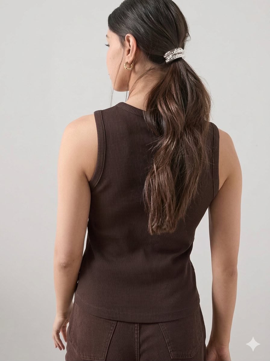 Button Through Ribbed Vest Brown
