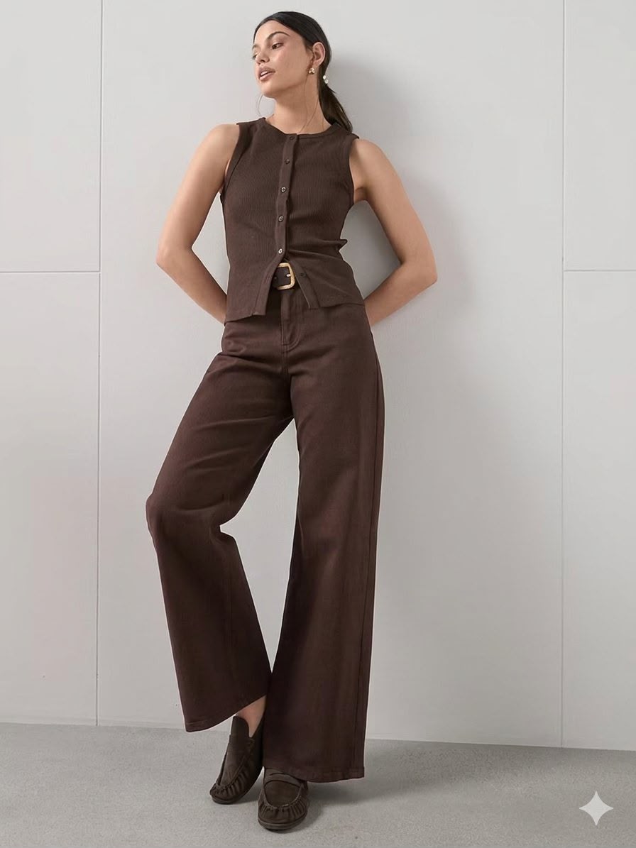 Button Through Ribbed Vest Brown