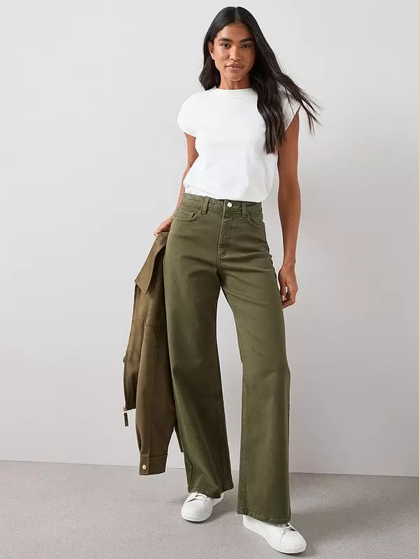 High Waist Wide Leg Jean Olive Green
