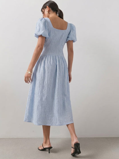 Textured Curve Seam Puff Sleeve Midi Dress Blue