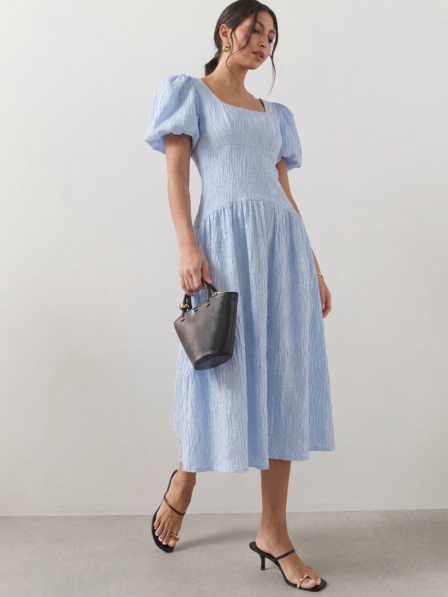 Textured Curve Seam Puff Sleeve Midi Dress Blue