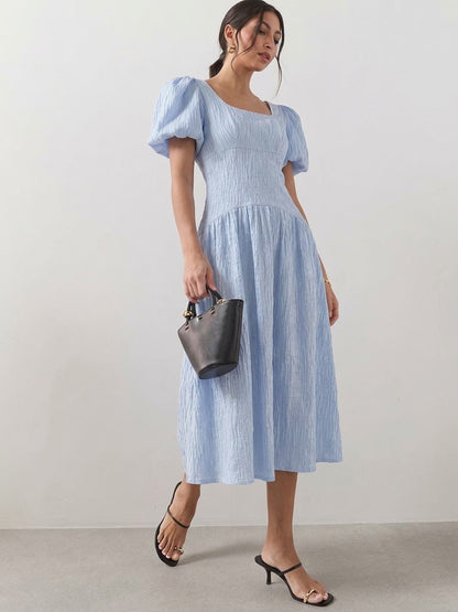 Textured Curve Seam Puff Sleeve Midi Dress Blue