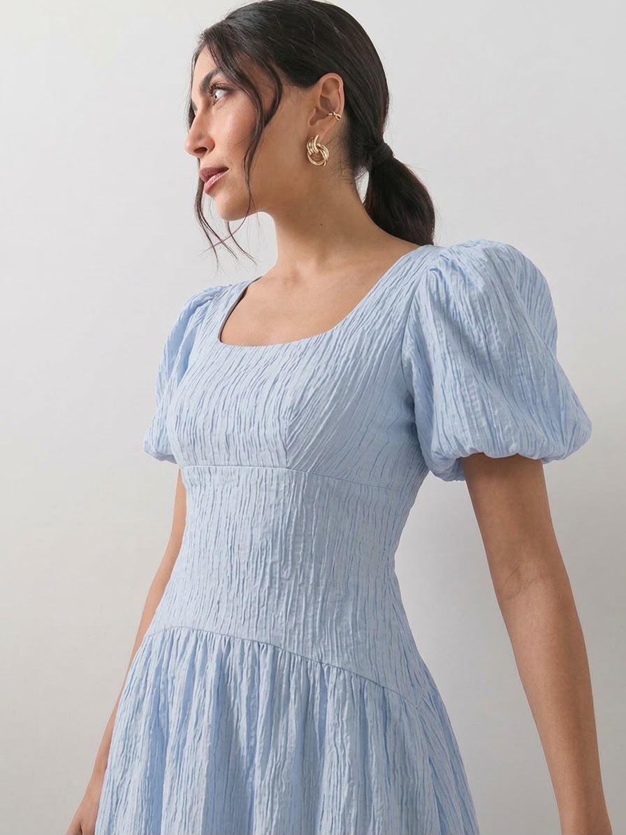 Textured Curve Seam Puff Sleeve Midi Dress Blue