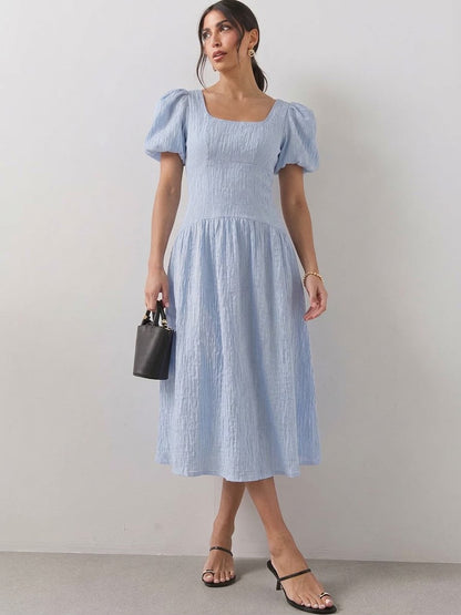 Textured Curve Seam Puff Sleeve Midi Dress Blue