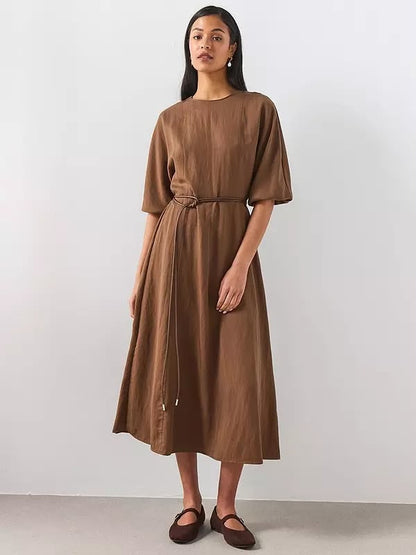 Lyocell Dress with Belt - Brown