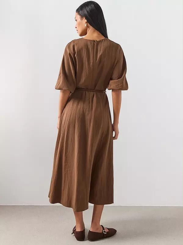 Lyocell Dress with Belt - Brown