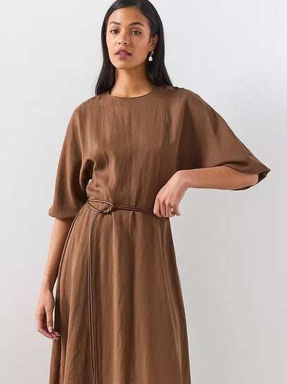 Lyocell Dress with Belt - Brown