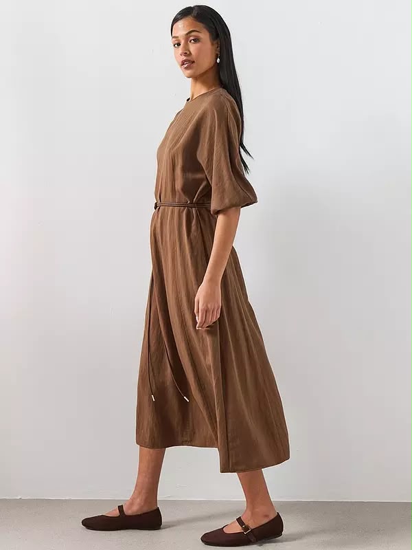 Lyocell Dress with Belt - Brown