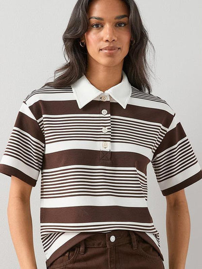Collared Strip Short Sleeve Rugby Top Brown