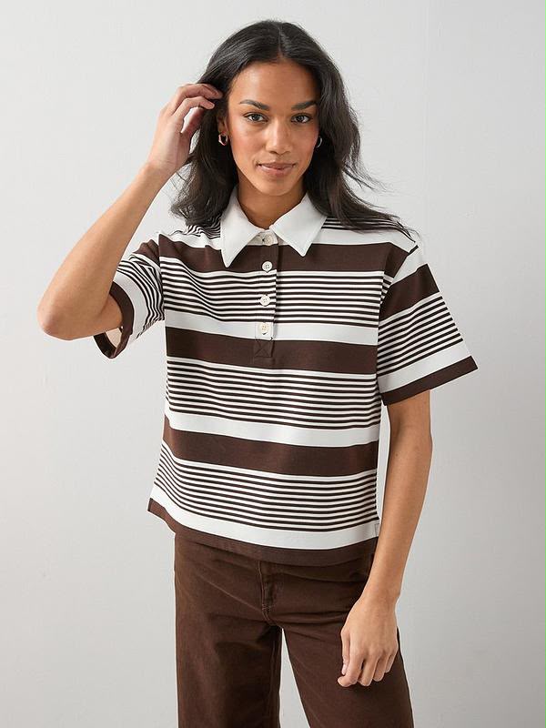 Collared Strip Short Sleeve Rugby Top Brown