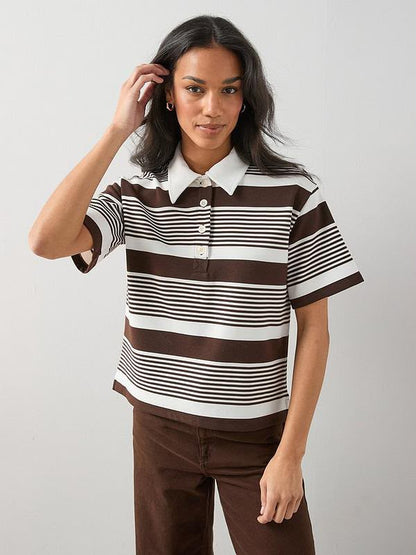 Collared Strip Short Sleeve Rugby Top Brown