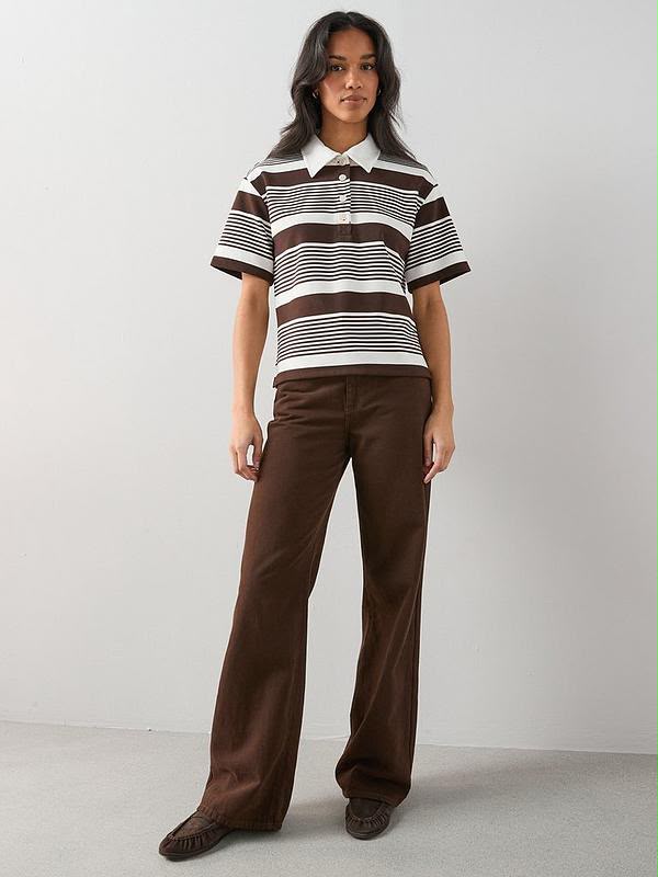 Collared Strip Short Sleeve Rugby Top Brown