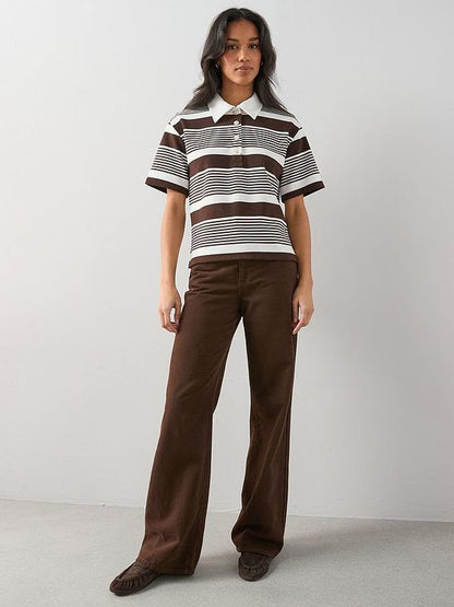 Collared Strip Short Sleeve Rugby Top Brown