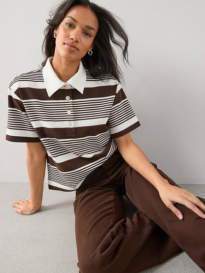 Collared Strip Short Sleeve Rugby Top Brown