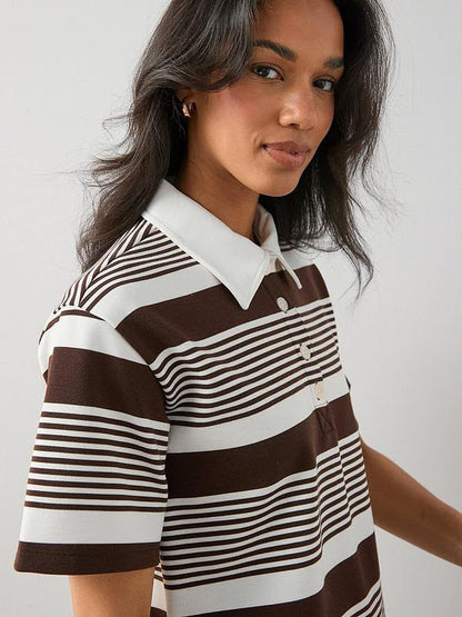 Collared Strip Short Sleeve Rugby Top Brown