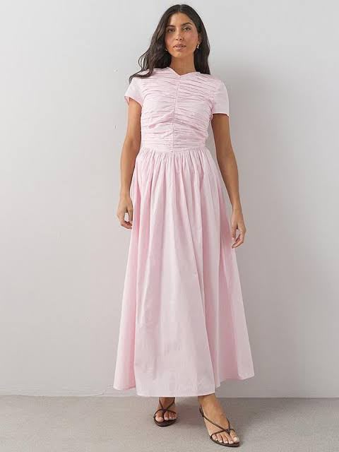 Short Sleeve Cotton Ruched Midaxi Dress Pink