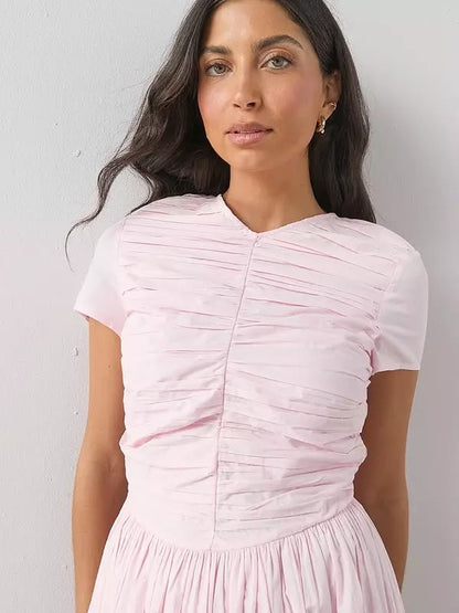 Short Sleeve Cotton Ruched Midaxi Dress Pink